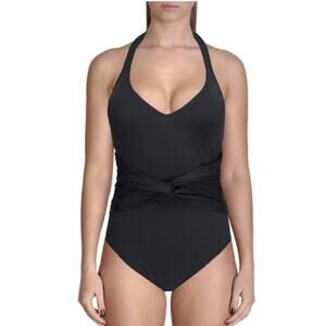 Bleu Rod Beattie Solid Black Twist Front Swimsuit Black Tummy Control Size 6